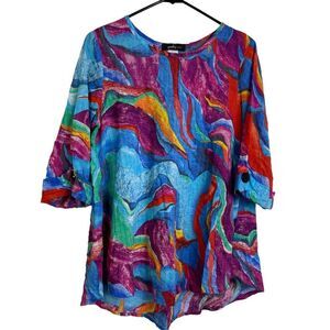Yushi Blue Tunic Top Womens Small Abstract Multicolor Art to Wear Colorful Fun
